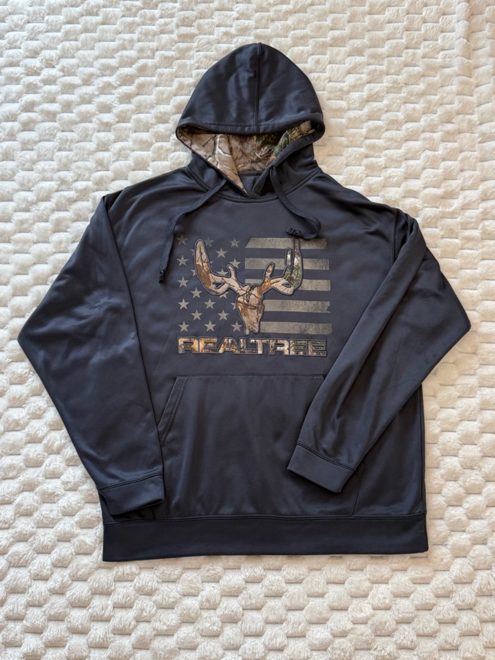 Realtree Hoodie Sweatshirt Mens Large Black Flag Logo Fleece Pullover Camo